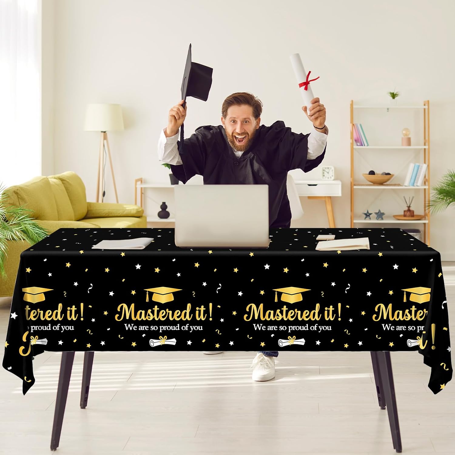 Graduation Decorations 2026 Black Gold Mastered it Tablecloth 3pcs Class of 2026 Plastic Table Covers for Master College High School Graduation Party Supplies