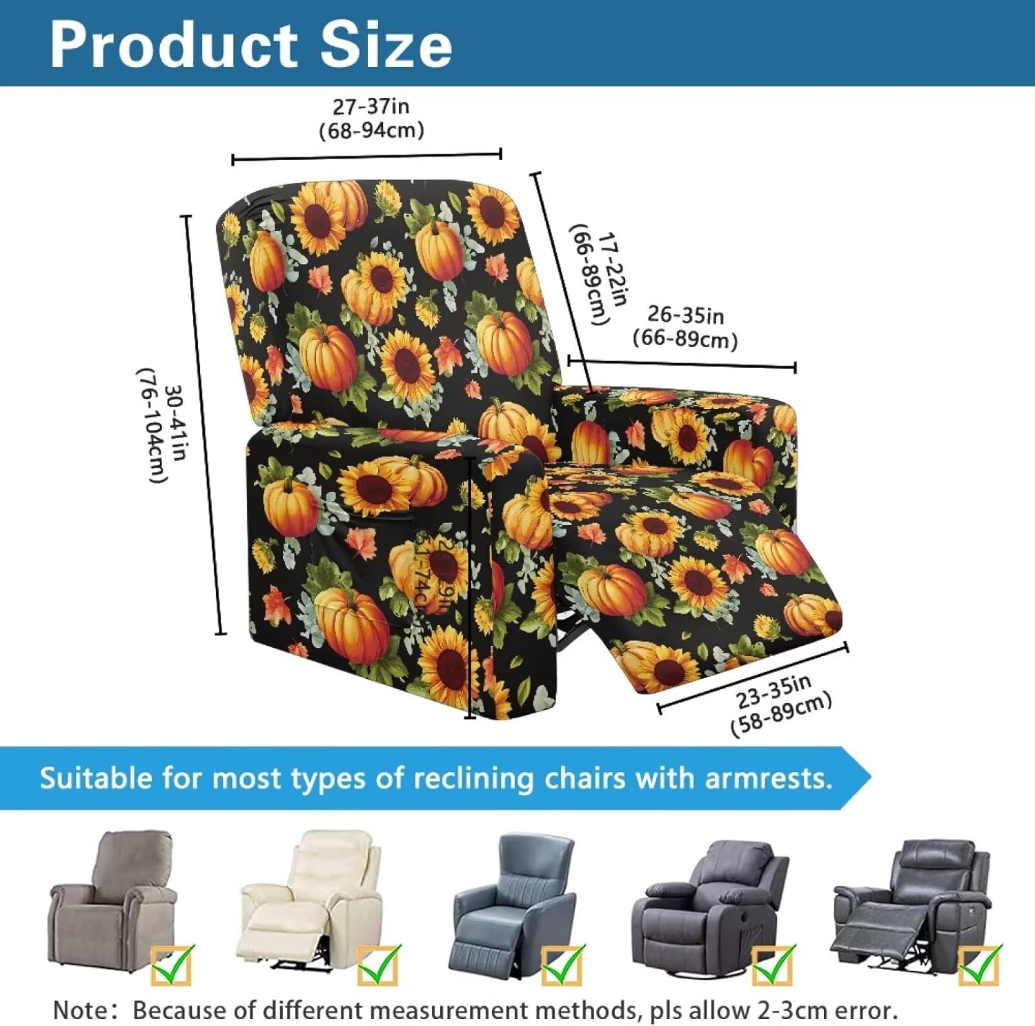 Sunflower Recliner Covers for Recliner Chairs for Animals Pumpkin Lazy Boy Recliner Chair Cover 4 Pieces Black Furniture Slipcover for Thanksgiving