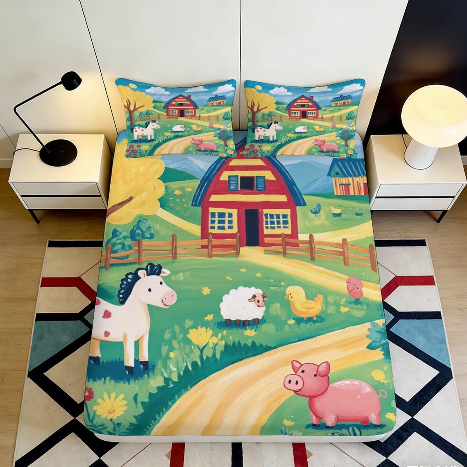 3D Printed Farm Animal Fitted Sheet Microfiber Soft Pastoral Landscape Bed Cover for Bedroom Guest Room Decor 90x200x25cm