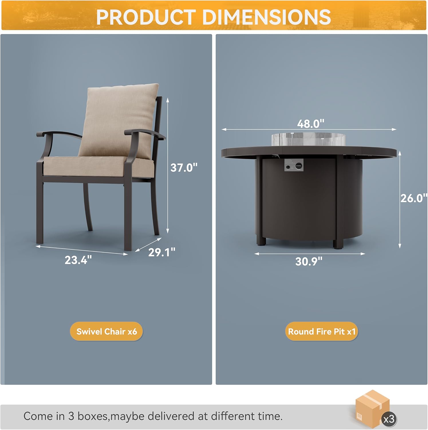 Product dimensions for chair and round fire pit