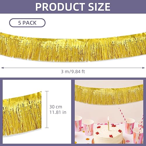 Miniatura 3 de Paquete de 5 guirnaldas de flecos dorados de 10 pies, guirnalda de flecos metálicos de oropel con flecos, pancarta de fondo para desfiles,