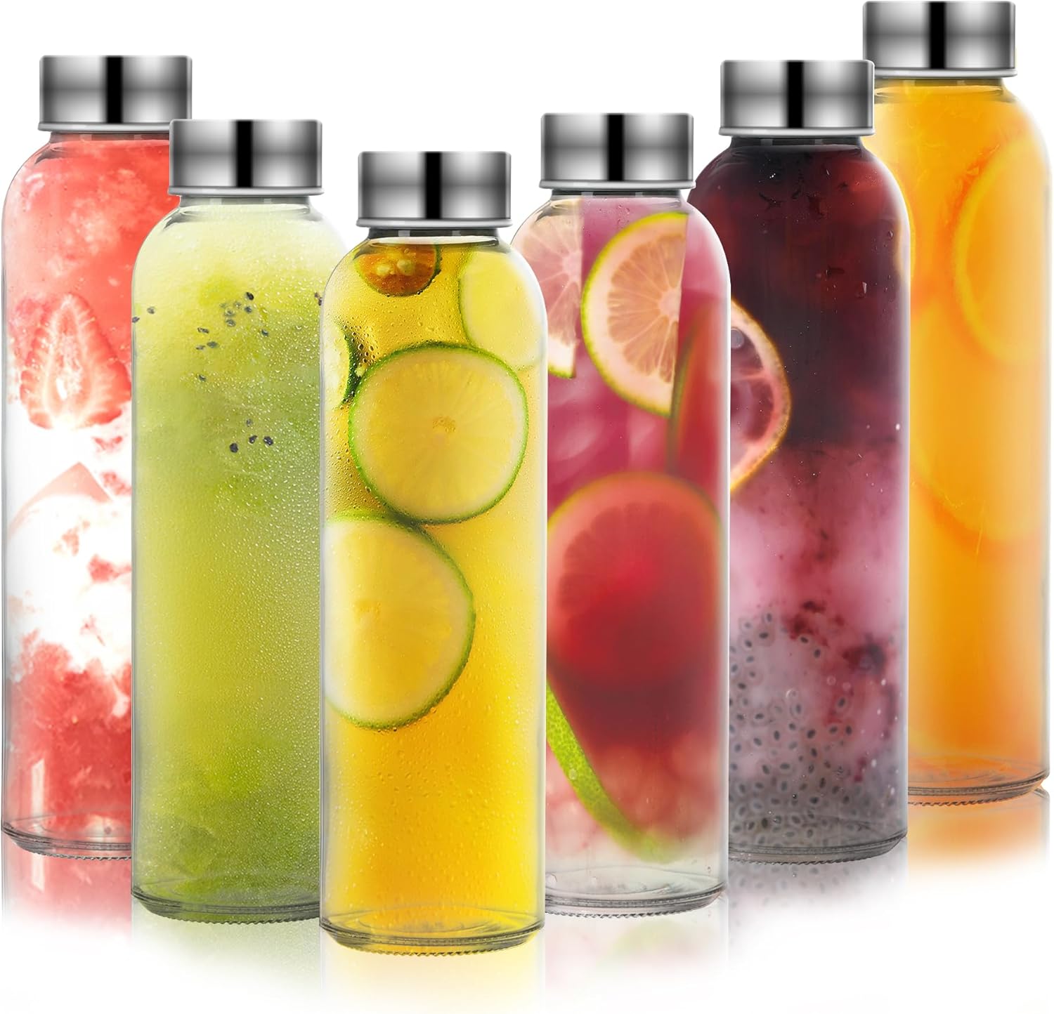 6 Pack Glass Water Bottles, 16.9oz Clear Water Bottle With Lid, Glass Juice Bottles With Lids, Clear Reusable Water Bottle With Stainless Steel Airtight Cap For Refrigerator, BPA Free, Leak Proof