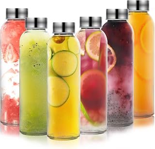 6 Pack Glass Water Bottles, 16.9oz Clear Water Bottle With Lid, Glass Juice Bottles With Lids, Clear Reusable Water Bottle With Stainless Steel Airtight Cap For Refrigerator, BPA Free, Leak Proof