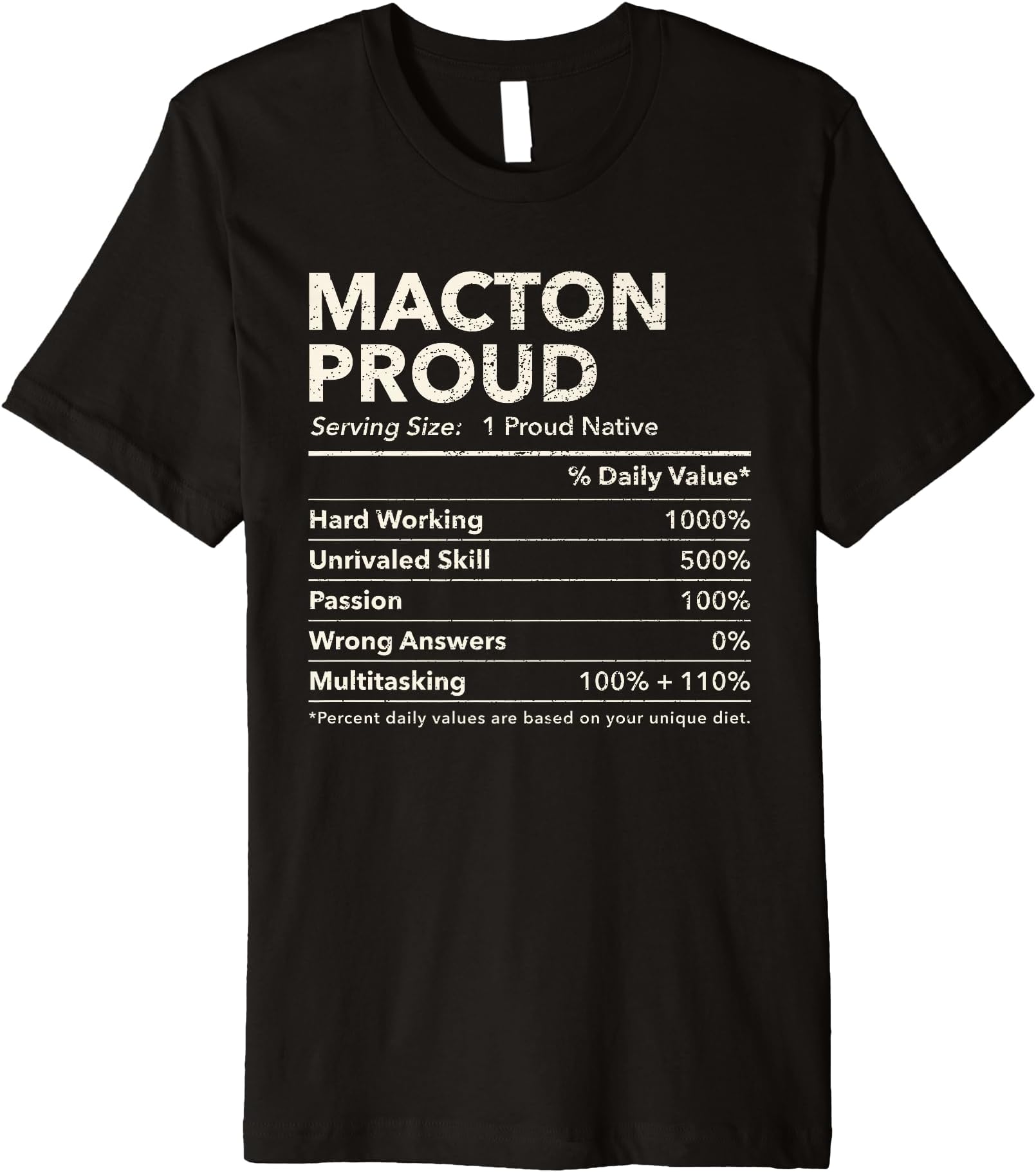 Macton, Maryland Proud Nutrition Facts Premium T-Shirt