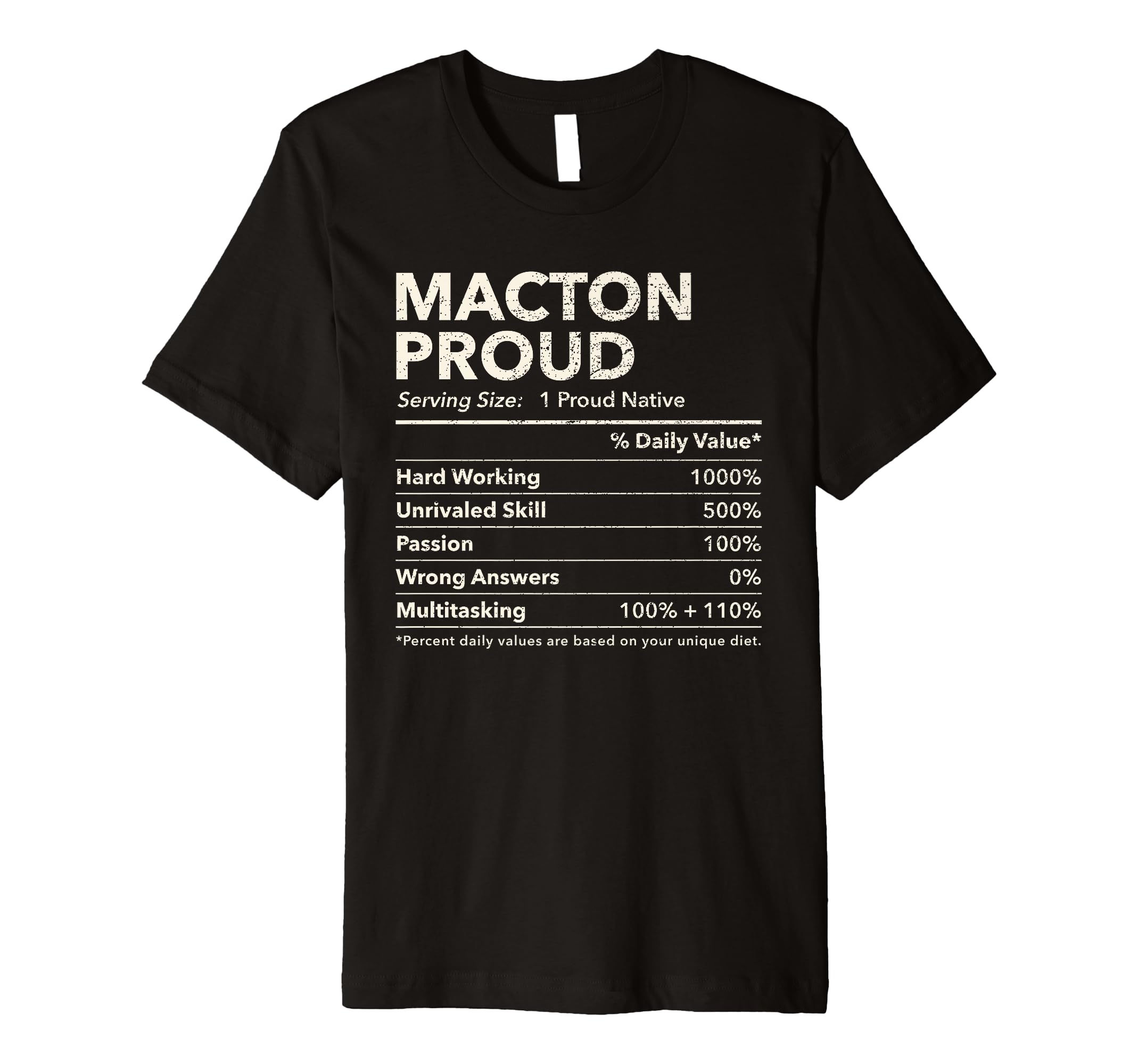 Macton, Maryland Proud Nutrition Facts Premium T-Shirt
