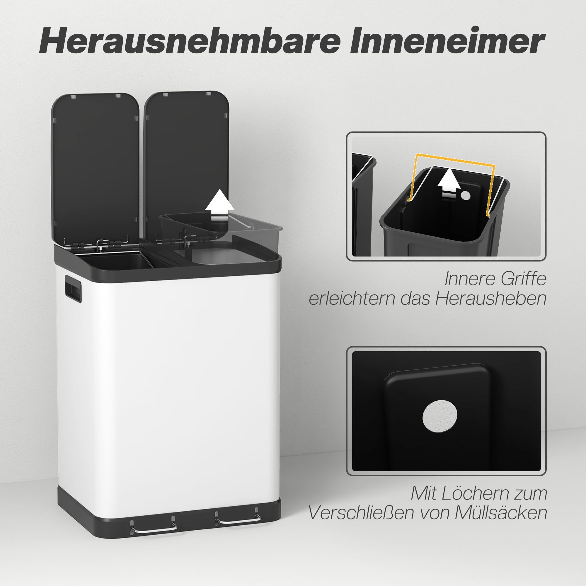HOMCOM Mülltrennsystem 2 x 30L mit 2 Fächern Softclose-Deckel Metall Weiß | Mülleimer Küche, Abfalleimer Treteimer, Herausnehmbare Inneneimer