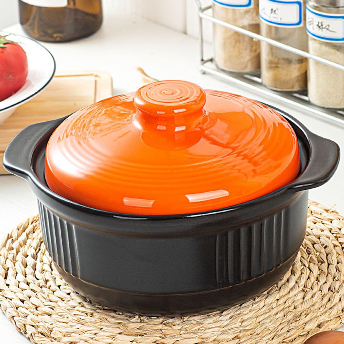Keramiktopf 2355ml Orange, Hitzebeständiger Auflauf | Keramik, ein Stück Geformt, Dampfventildeckel, Wärmeleitung, für Bibimbap und Nudeln