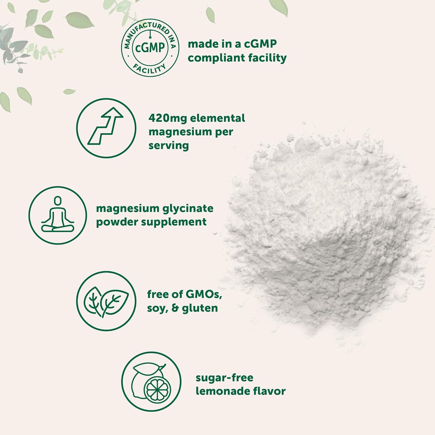 Magnesium Powder, 420mg Per Serving, 12oz (56 Servings) | Sugar Free Lemonade Flavor | Magnesium Glycinate Powder Supplement with Elemental Form | Chelated Minerals | Non-GMO, Vegan - Image 3