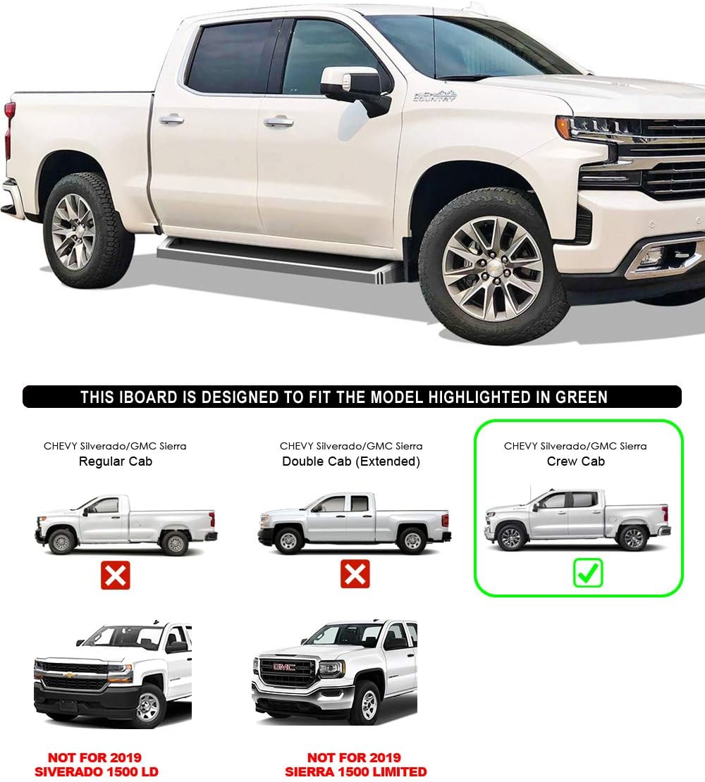 HD Ridez Running Board 6" Silver Compatible with Chevy Silverado GMC Sierra 1500 2019-2026 Crew Cab & 2500 HD 3500 HD 2020-2026 (Silverado 1500 LTD Sierra 1500 LD 2022)