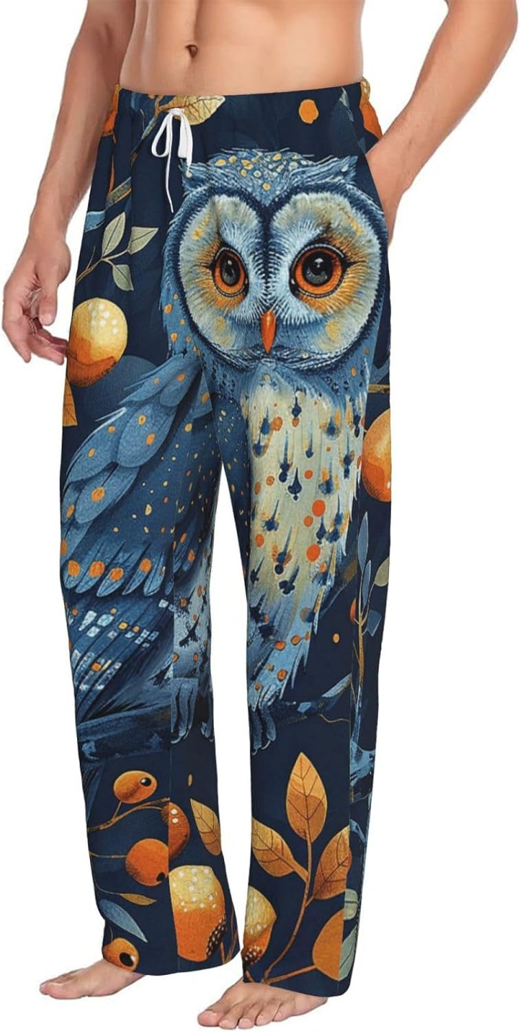 Men's Pajama Pants Flannel Pj Bottoms Anime Owl Sleep Pant with Drawstring & Pockets