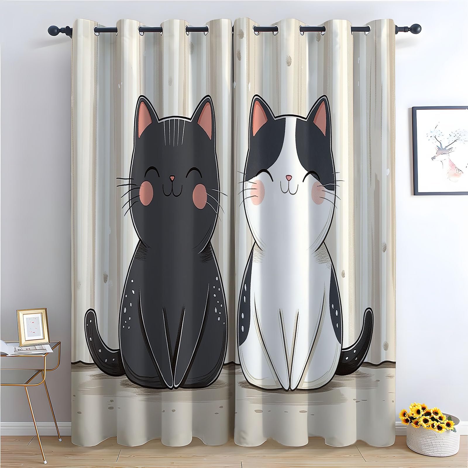 Rideaux rayés occultants pour chambre à coucher au motif ludique d'animaux noir et blanc