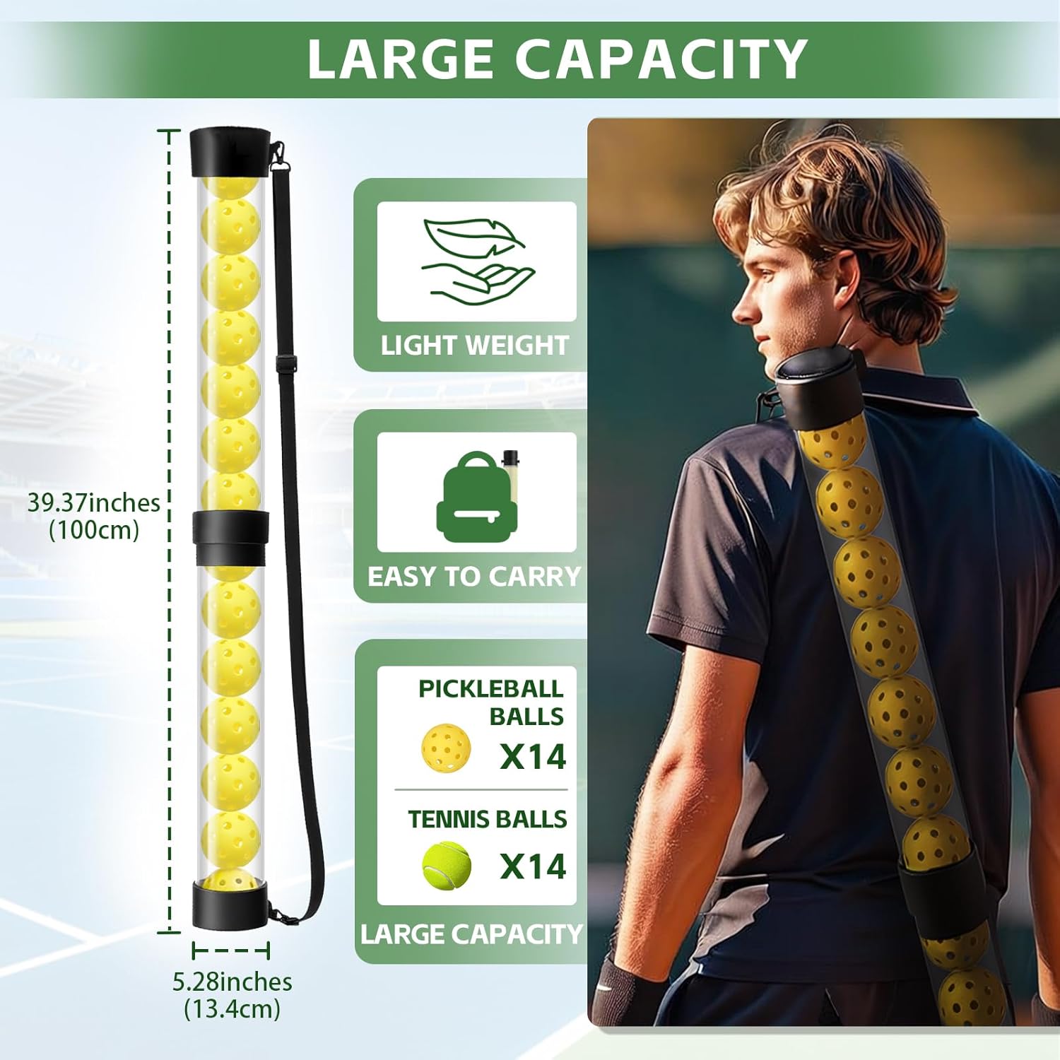 Tennis Ball & Pickleball Picker Holds 14 Balls, Ball Pickup Tube with Shoulder Strap, Lightweight Easy Pickup Portable Ball Holder, Pickleball & Tennis Ball Hopper