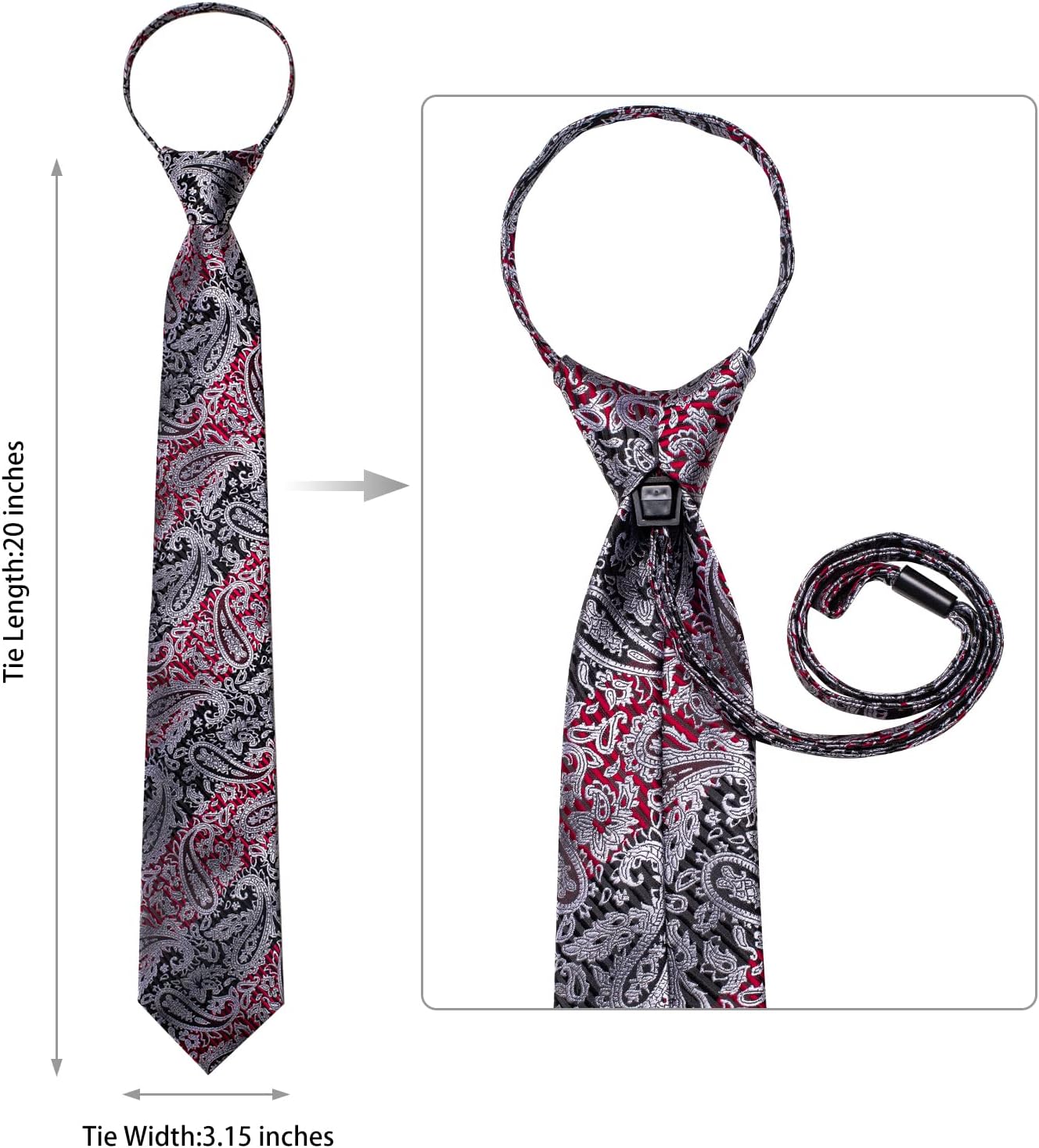 DiBanGu Mens Adjustable Zipper Ties, Woven Paisley Striped Plaid Necktie and Pocket Square Cufflinks Set Pre-tied Wedding Tie - Image 5