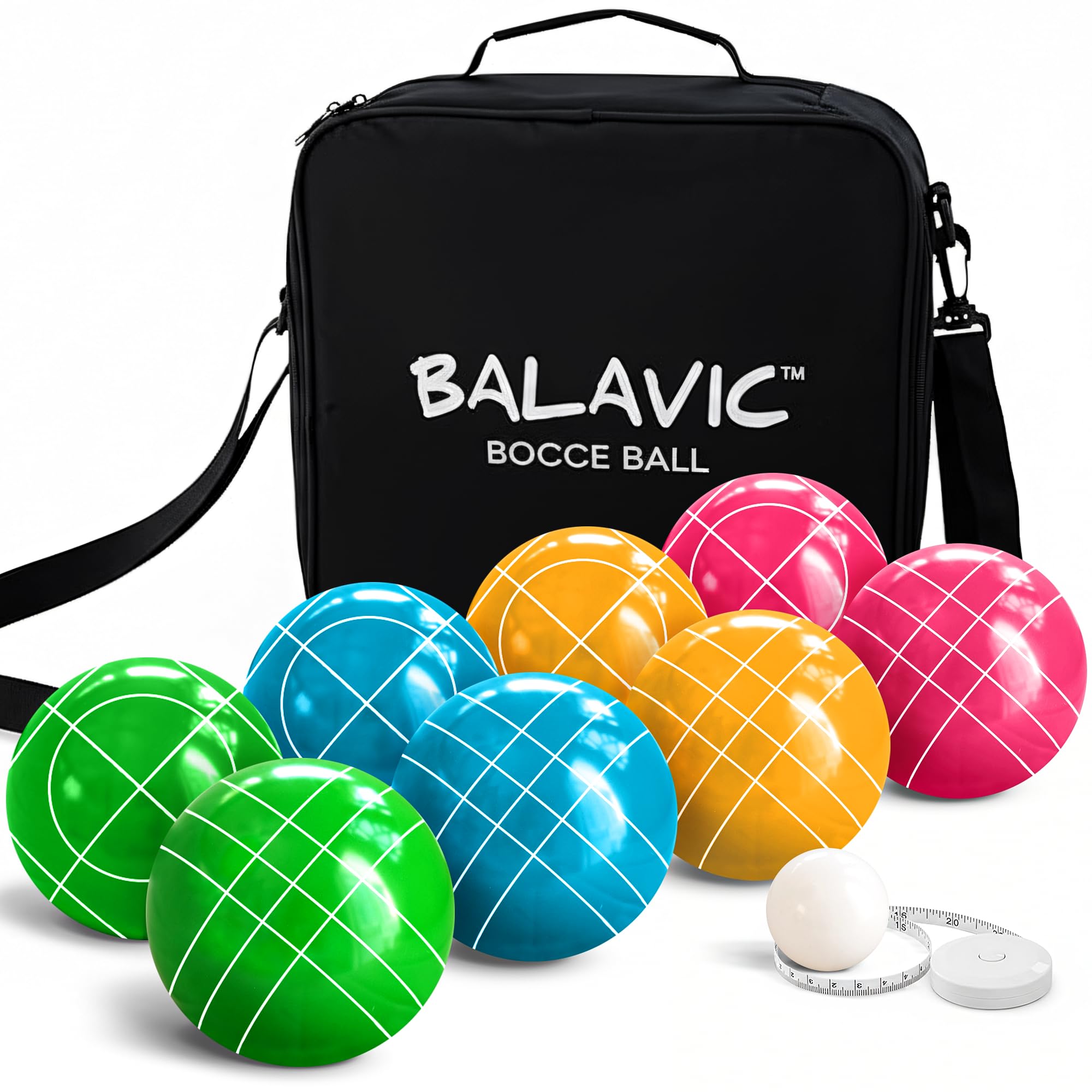 100mm Resin Bocce Ball Set Multicolor Balls w Pallino, Carry Bag, Measuring Tape - Perfect for Backyard, Beach, Parties, Lawn Games with Families &