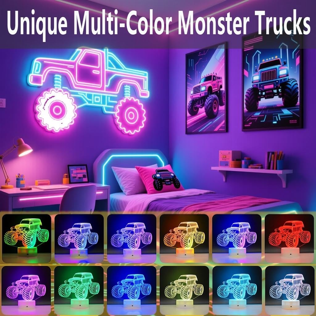 3D Night Lights for Kids, Monster Truck, Kids Night Lamp, Monster Trucks for Boys, 3D Illusion Lamp with Timer 16 Color Changing, Kids Room LED Lighting Decoration with Ideas Monsters Truck Xmas Gifts