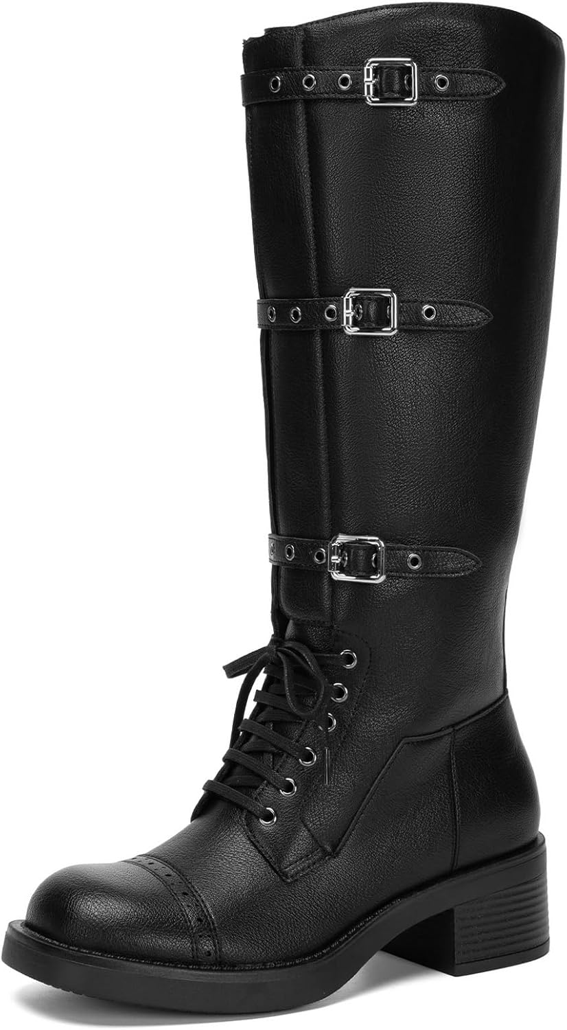 Athlefit Women's Knee High Boots Wide Calf Buckle Riding Boots Square Toe Lace Up Chunky Low Heel Booties