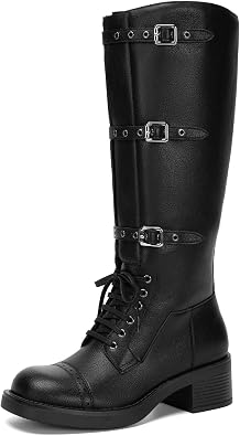 Athlefit Womens Knee High Boots Wide Calf Buckle Riding Boots Square Toe Lace Up Chunky Low Heel Booties