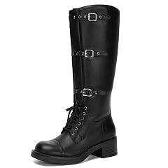 Athlefit Womens Knee High Boots Wide Calf Buckle Riding Boots Square Toe Lace Up Chunky Low Heel Booties