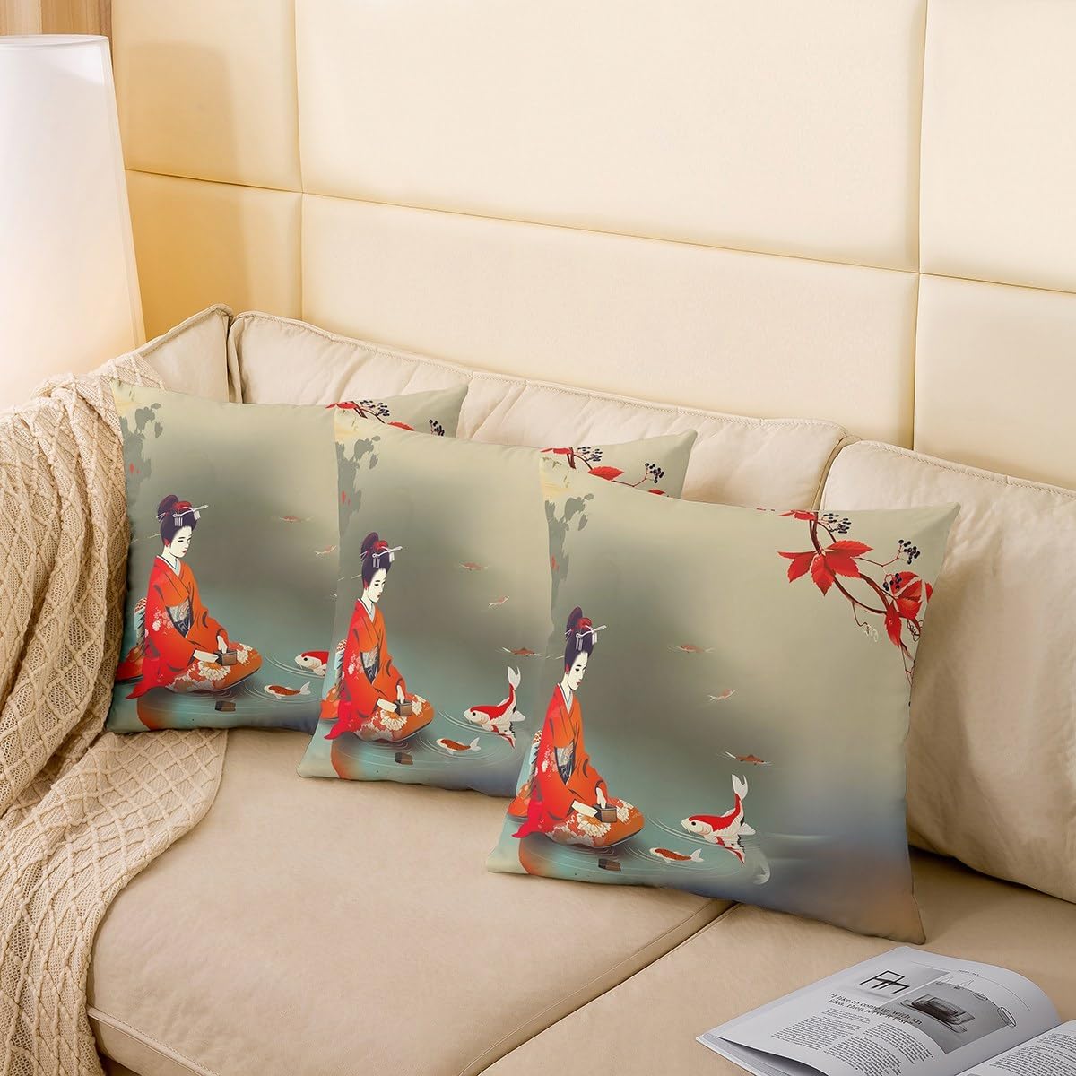 Erosebridal Traditional Kimono Throw Pillow Covers Set of 2,Red White Koi Fish Pillow Covers,Japanese Style Cushion Covers,Vintage Artwork Decorative Accent Pillow Cases 24x24 Inch for Bedroom
