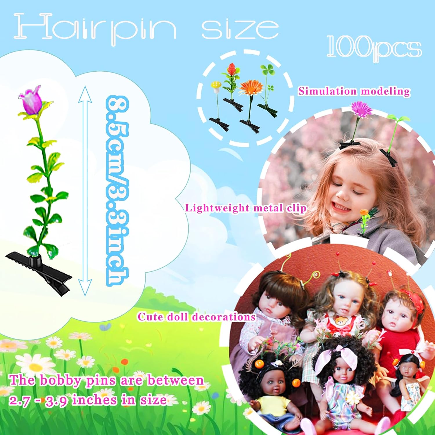 100 Pcs Bean Sprout Hair Clips,Plant Hairpins Funny Mixed Style Headwear Hair Accessories with Hot Glue Sticks for Women Kids Girls Crazy Hair Day School Home Party Decoration