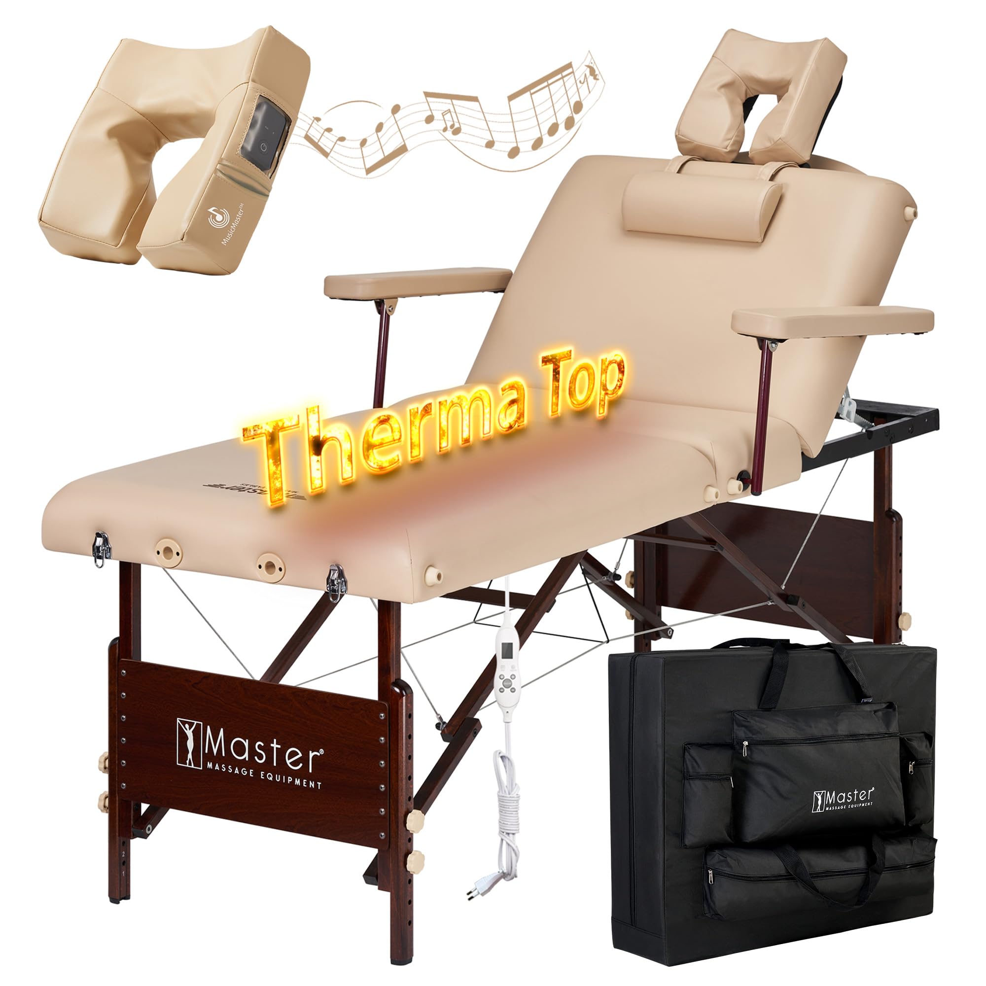 Master Massage Del Ray Salon Therma Top - Lettino pieghevole per massaggi e cosmetici, riscaldabile, schienale regolabile con cuscino musicale, altoparlante Bluetooth