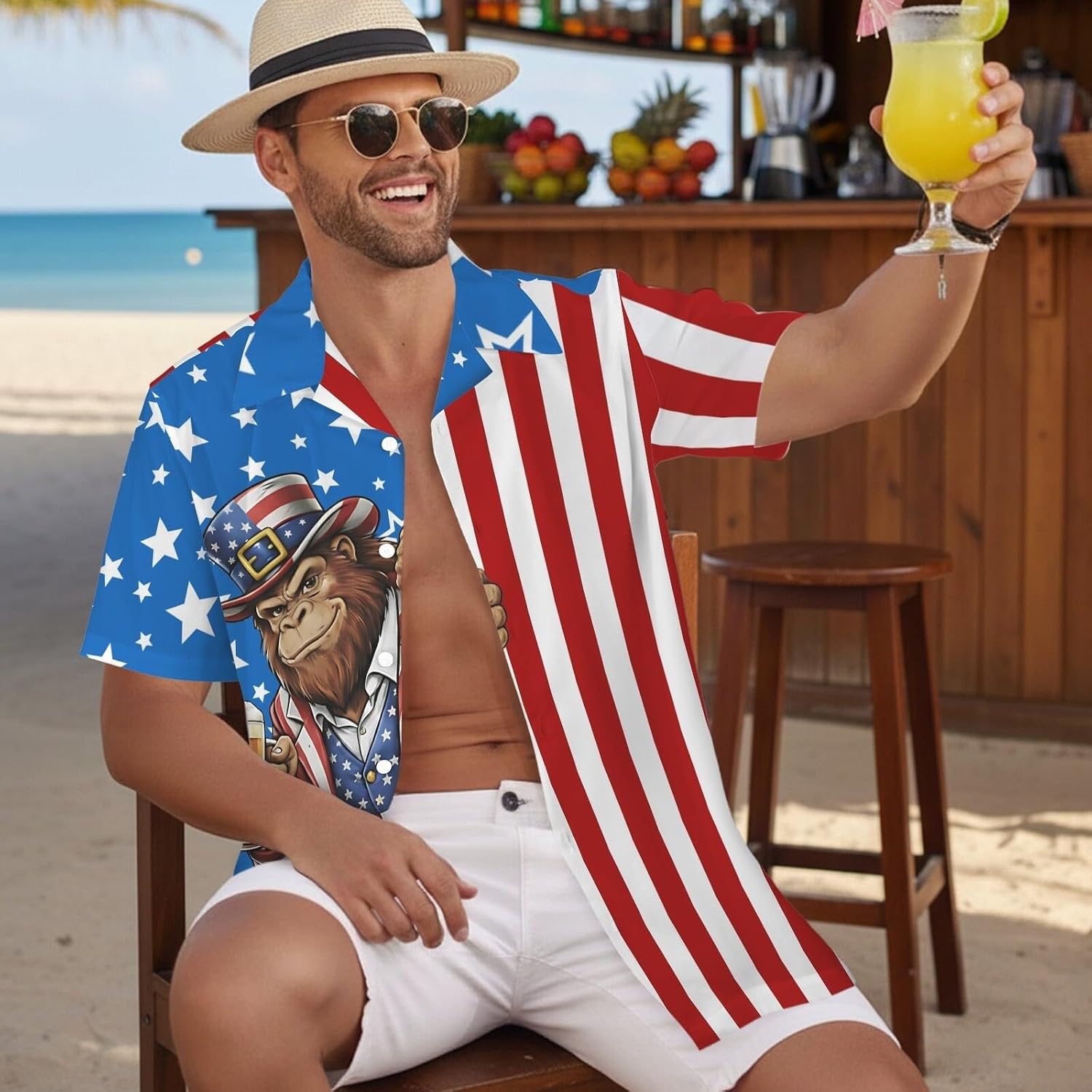 HUGLAZY Funny Bigfoot Hawaiian Shirt for Men 4th of July Outfit Button Down Short Sleeve Party