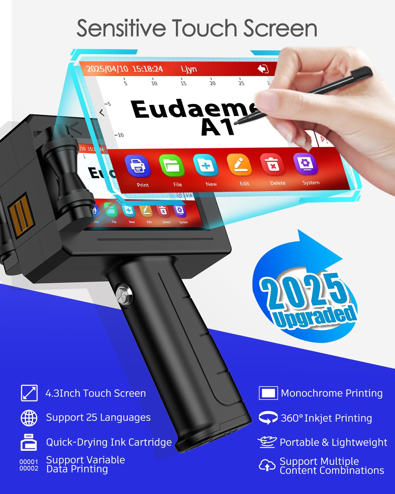 A1 Impresora de Mano Portátil, Impresora Portátil de Inyección con 42ML Cartucho de Tinta de Secado Rápido con Pantalla Táctil de 4,3 Pulgadas para Texto QRCode/Código de barras/Número/Image