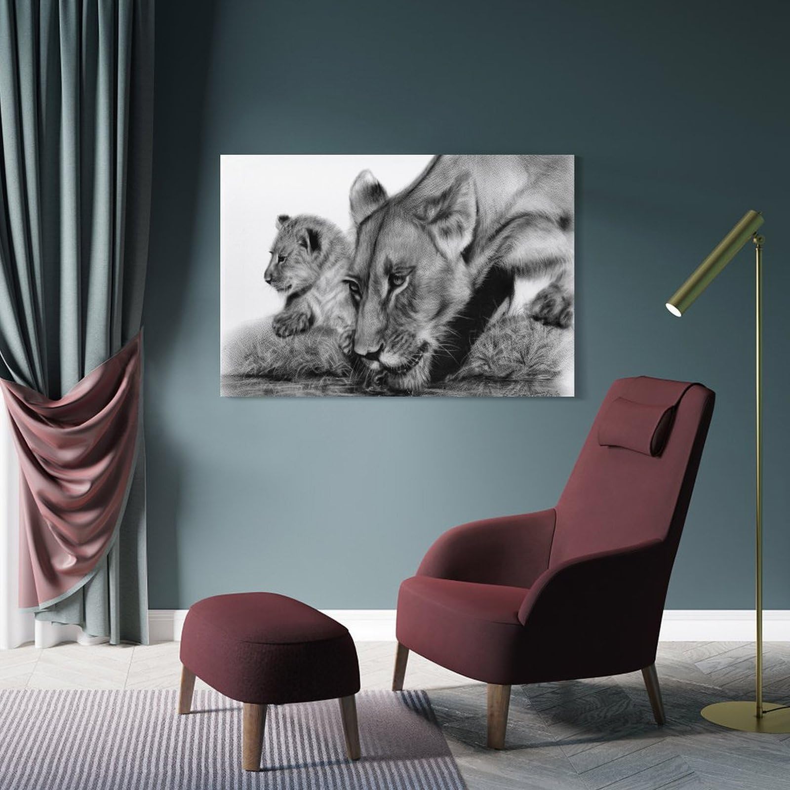 Junmoney Frame-Style-23-2 Lioness And Her Cub Home Decor Wall Art 24X36inch(60X90cm), For Lounge, Study, Hallway Or Flat Walls, Stylish Home Artwork For Focal Walls