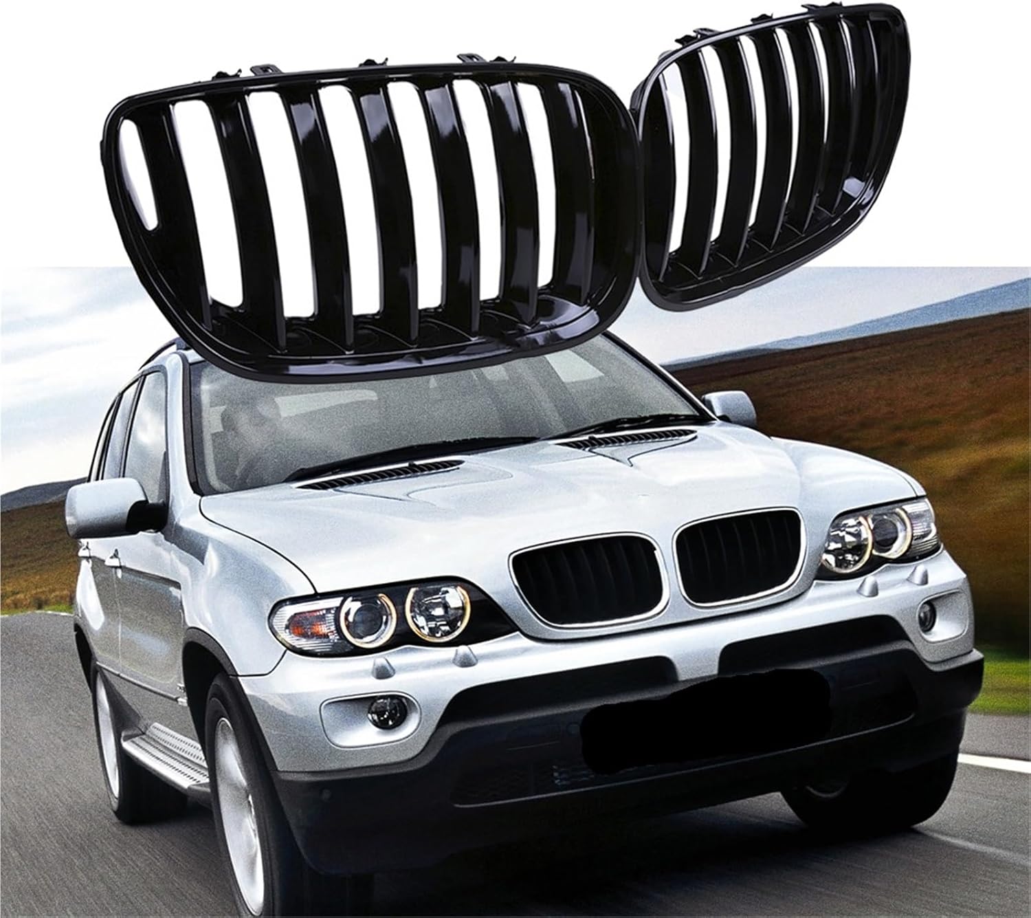 Front Gloss Black Kidney Sport Grilles Hood Grill Compatible with BMW E53 X5 LCI 2004 2005 2006 Car Styling(Matte Black)