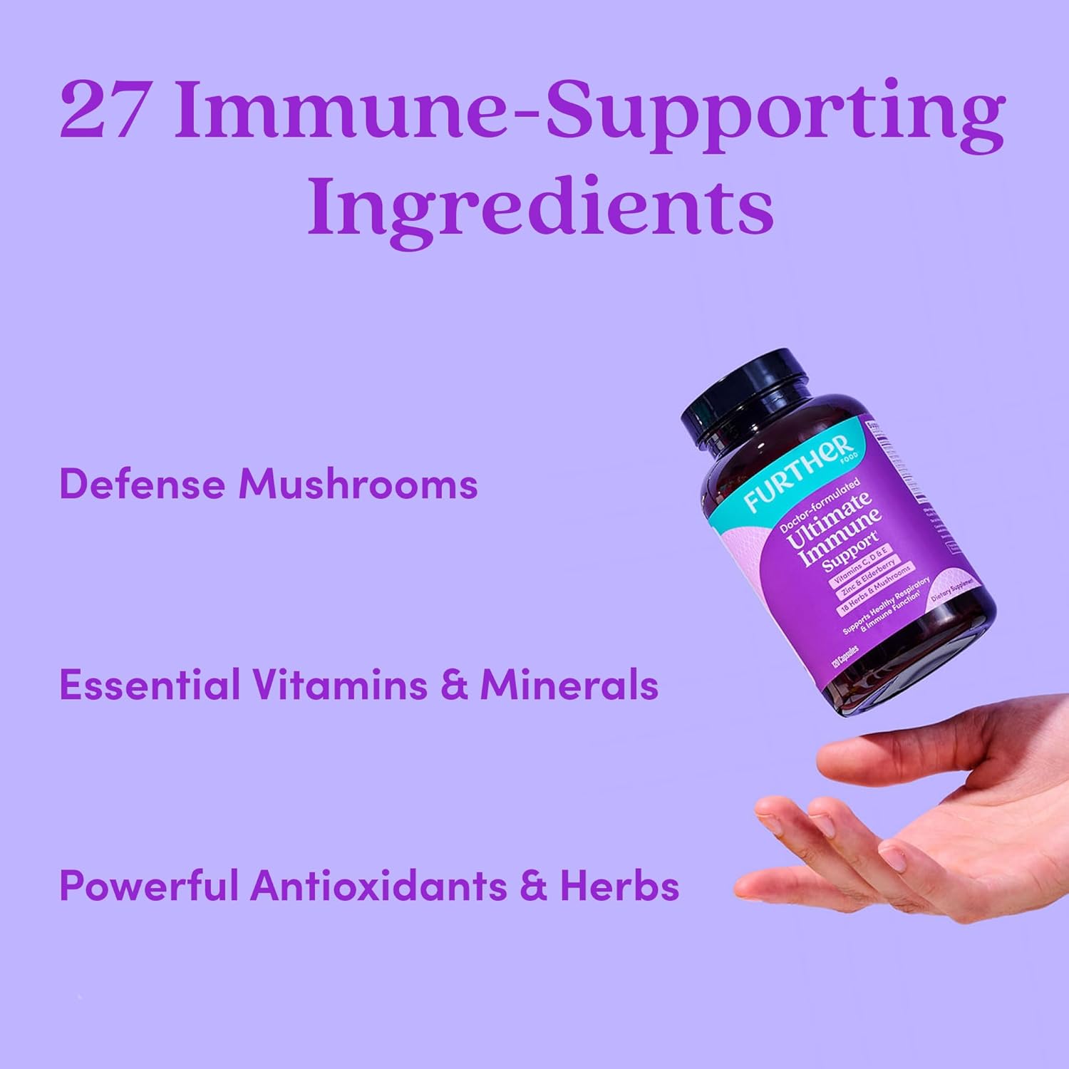 Further Food Ultimate Immune Support Capsules with Vitamins C, D, E & Zinc – Natural Herbal Supplement with Antioxidants for Immune & Respiratory Support, 120 Vegan Capsules