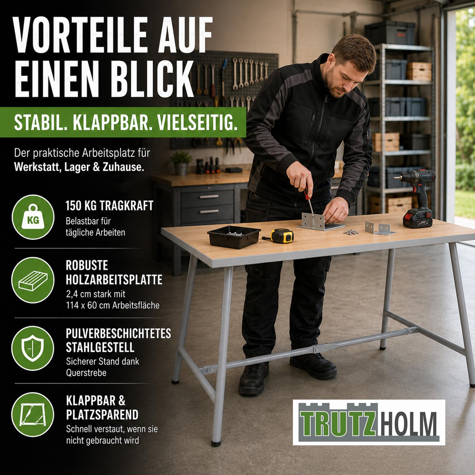 TRUTZHOLM Werkbank klappbar 114x60x84 cm Stabiler Werktisch bis 150 kg pulverbeschichtetes Stahlgestell grau mit 2,4 cm Holzarbeitsplatte Klappwerkbank Arbeitstisch für Werkstatt Garage Montage Lager