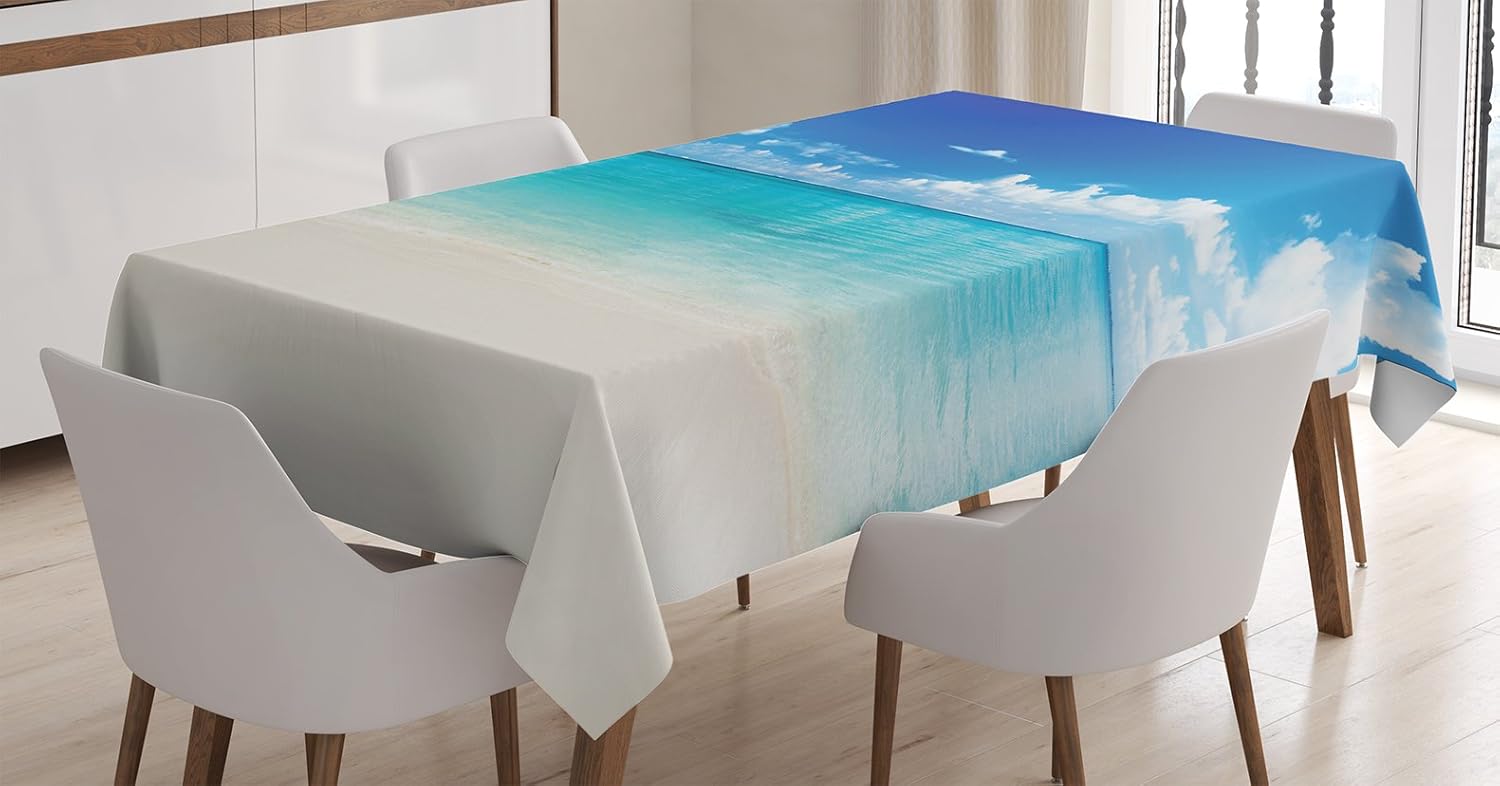 Ambesonne Ocean Tablecloth, Natural Coastal Sandy Beach and Carribean Seashore Heavenly Paradise View Image, Rectangular Table Cover for Dining Room Kitchen Decor, 52" X 70", Blue White 52" X 70" Blue White