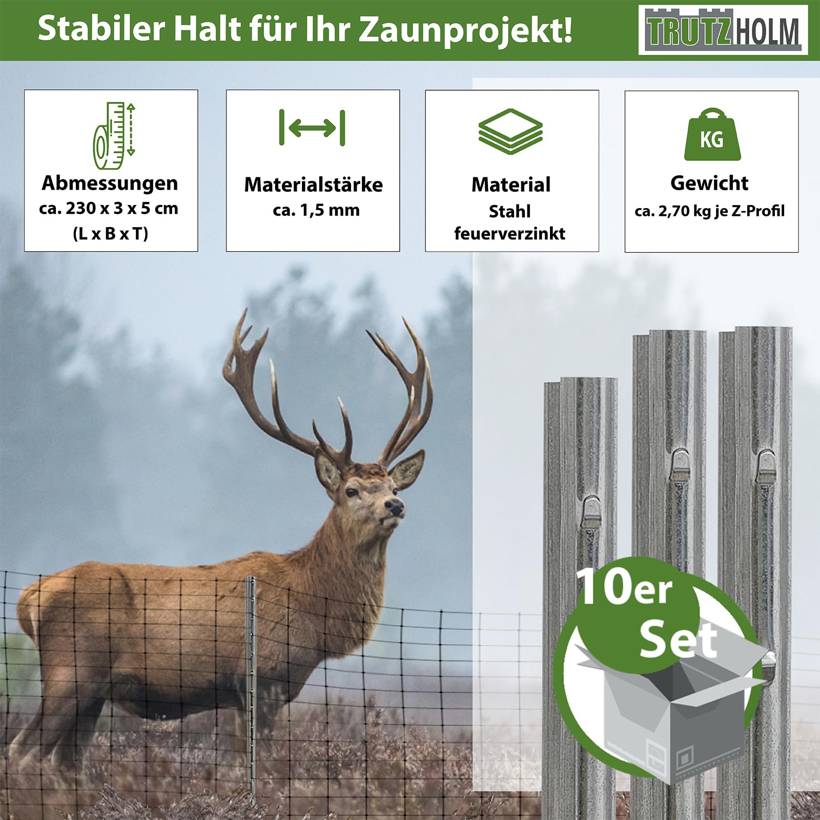 TRUTZHOLM 10x Z-Profil Zaunpfosten 230 cm feuerverzinkt Zaunpfähle 1,5 mm Stärke gestanzte Haken Forstprofil