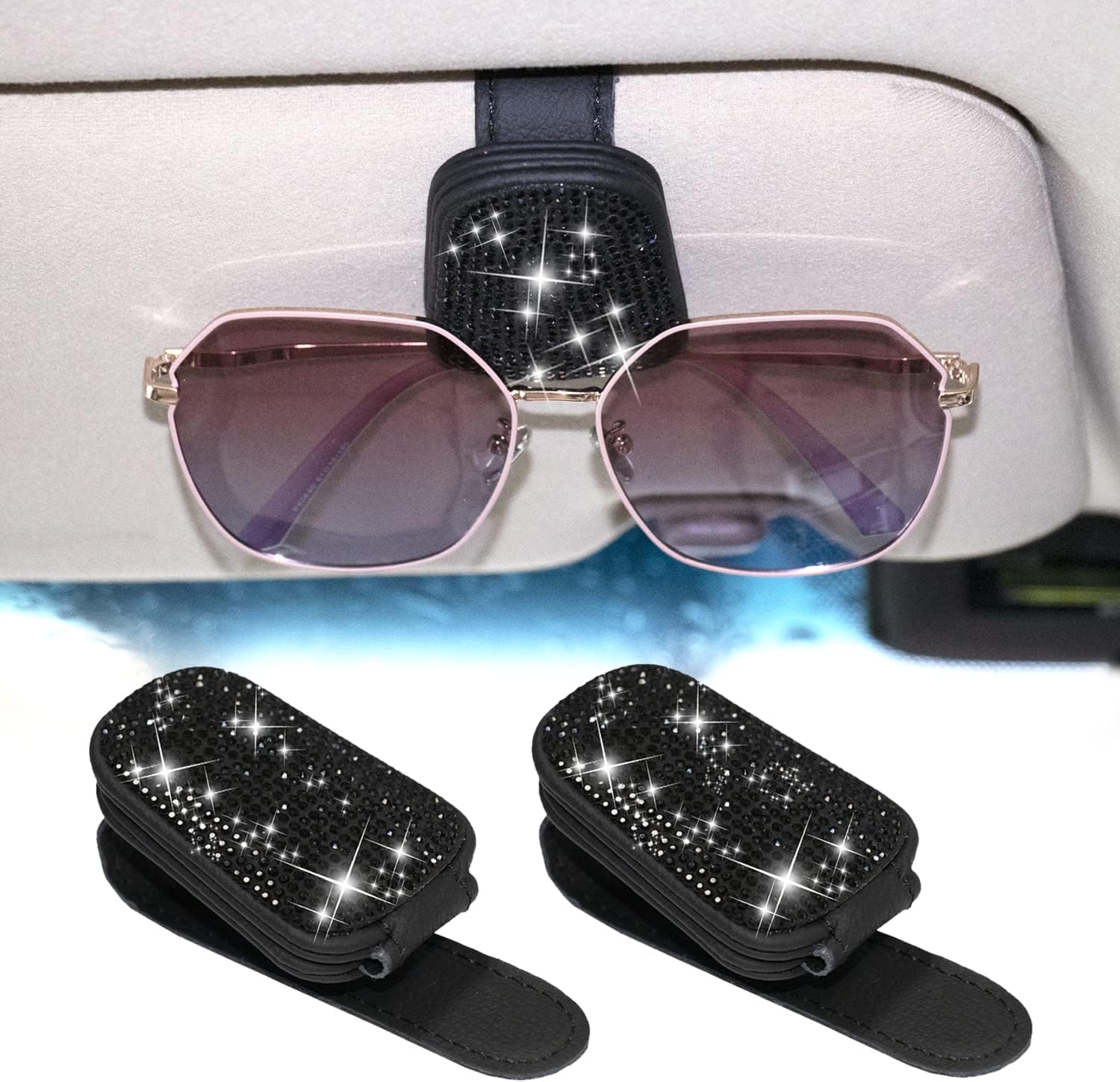 XYZCTEM Sunglass Holder for Car, Bling Glasses Holder for Car Sun Visor, 2PCS