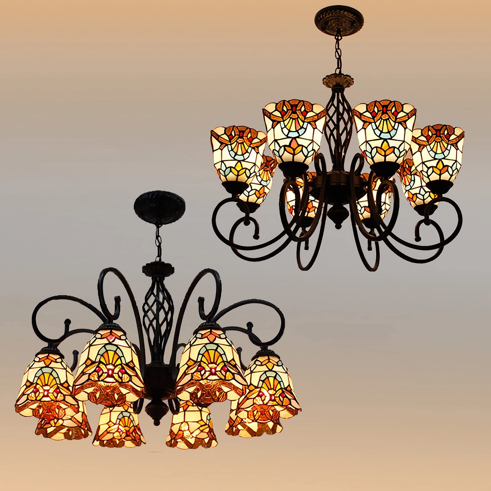 YNIYUJKL Tiffany-Style Baroque Chandeliers, Stained Glass Ceiling Pendant Light Fixtures For Living Room Bedroom Kitchen Hallway, E27 Bulb, Max40W,3 Lights-3 Lights (8 Lights,8 Lights