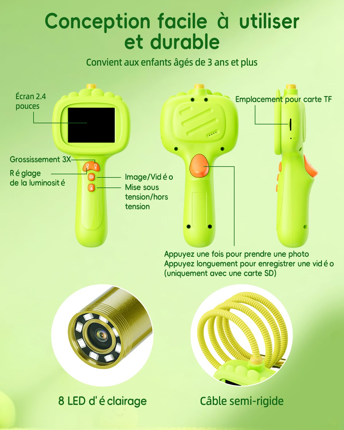 Endoscope pour enfants, Caméra enfant 1080P, Jouet STEM pour exploration extérieure, jardin, camping et nature, Meilleurs cadeaux d'anniversaire pour garçons et filles âgés de 4, 5, 6, 7, 8, 9, 10 ans