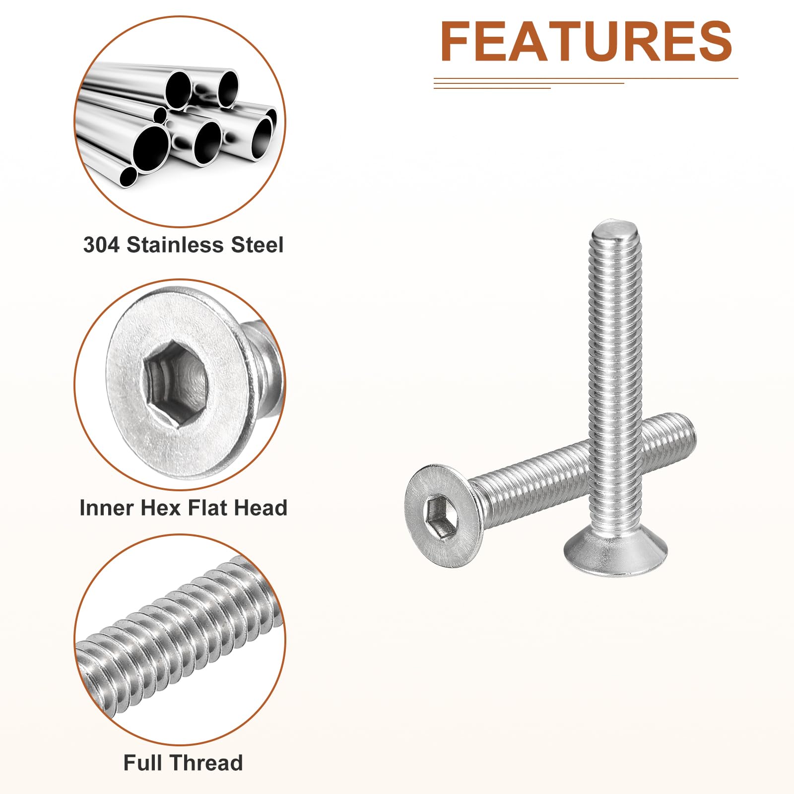 DTGN M6-1 x 40mm Flat Head Socket Cap Screws, 10 Pack 304 Stainless Steel Hex Socket Flat Head Screws, Full Thread, Countersunk Bolts - Image 4