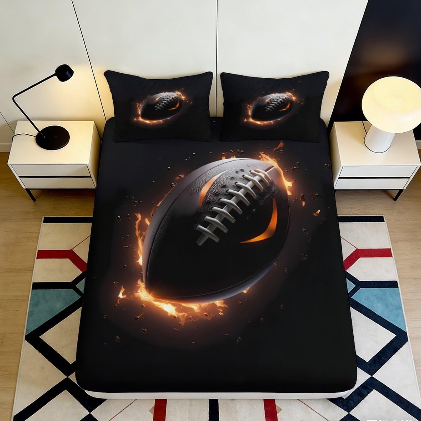 3D Printed Flaming American Football Fitted Sheet Microfiber Soft Breathable Fiery Ball Bed Cover for Bedroom Dormitory Guest Room Mattress Protection 180x200x25cm