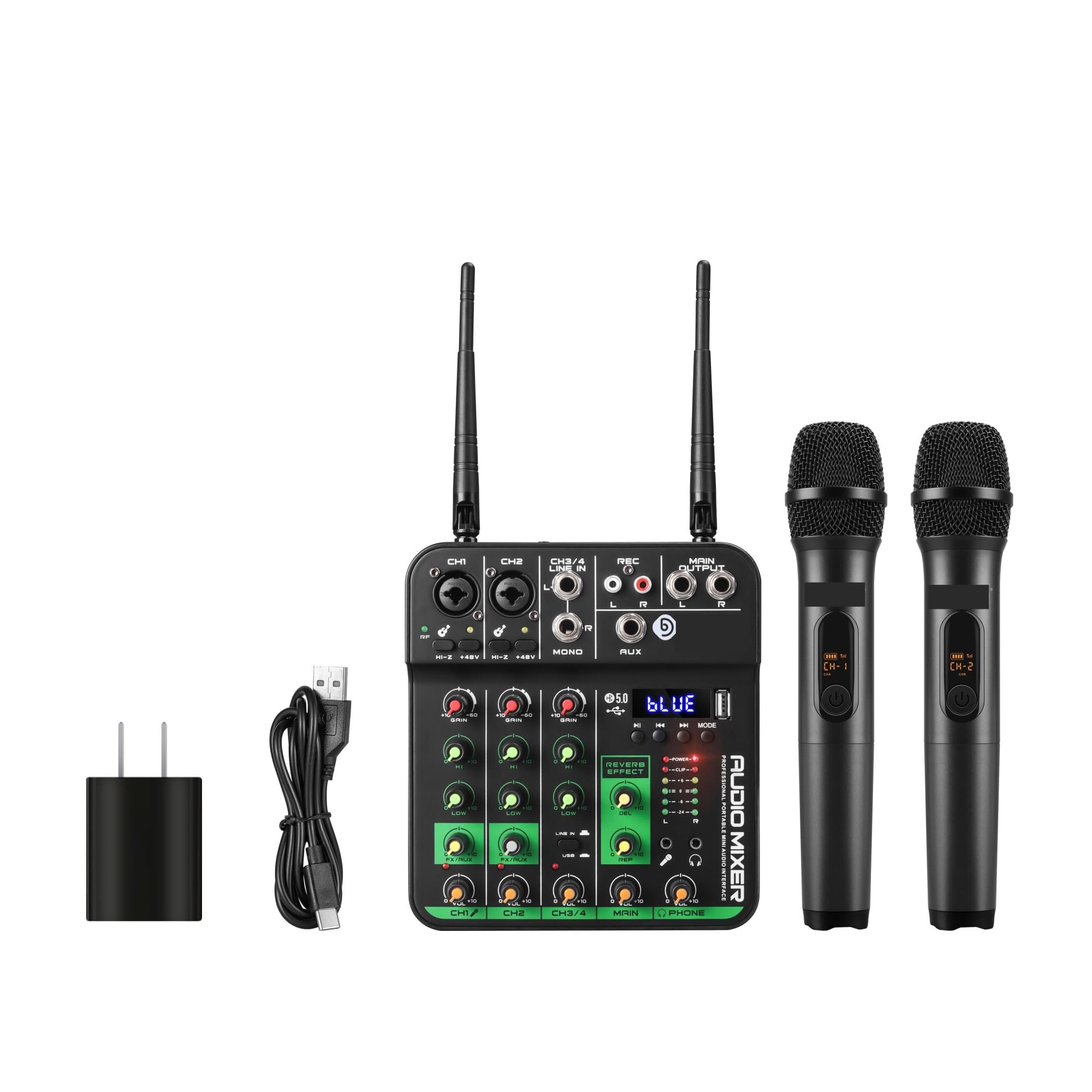Mikser DJ-ski, 4-kanałowy mikser UHF Mikrofon bezprzewodowy Inteace Konsola miksująca Nagrywanie Bluetooth