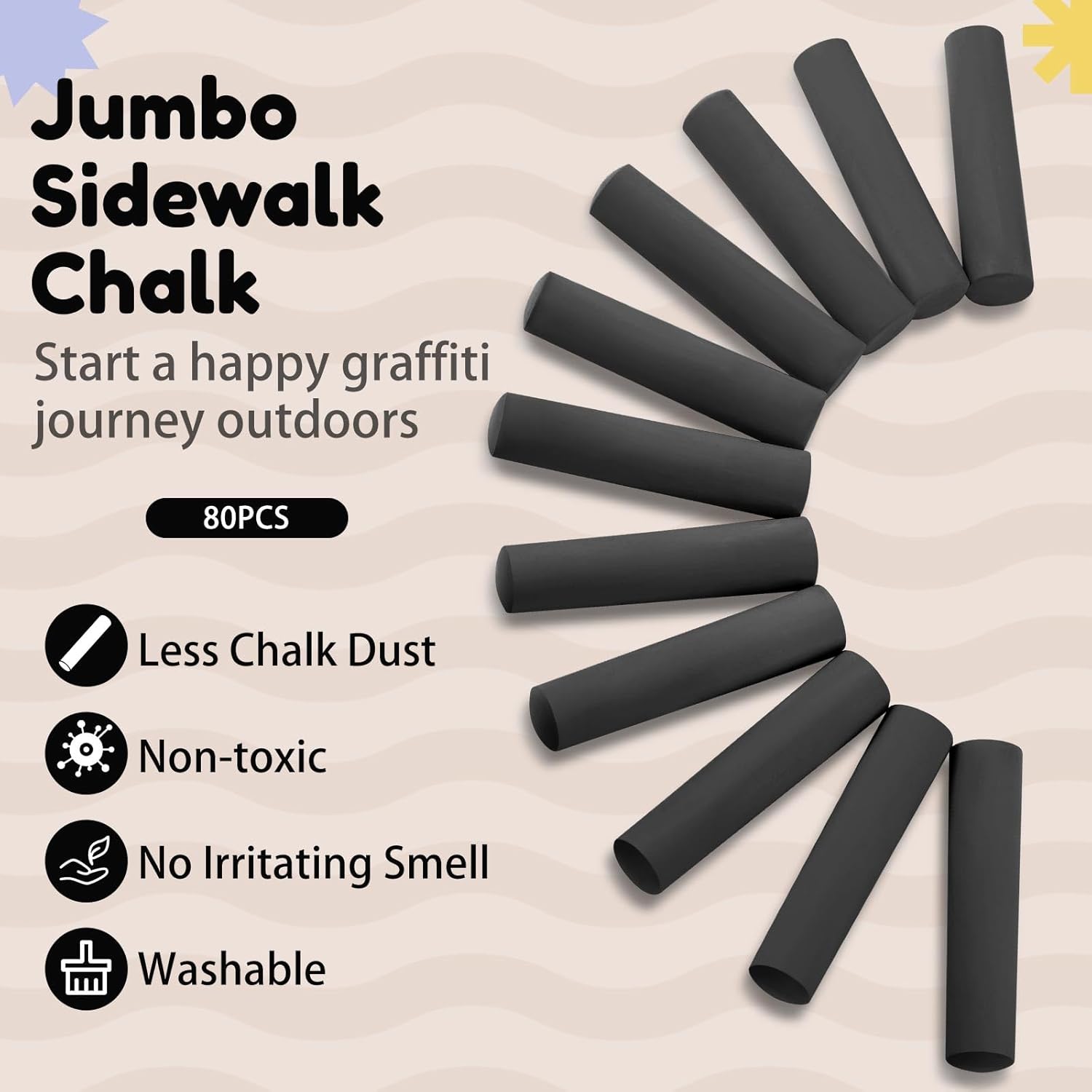 Faccito 80 Pcs Jumbo Sidewalk Chalk Black Outdoor Street Washable Jumbo Chalk Bulk for Adults Art Play Drawing Chalkboard Playground Painting Christmas Favor Gifts