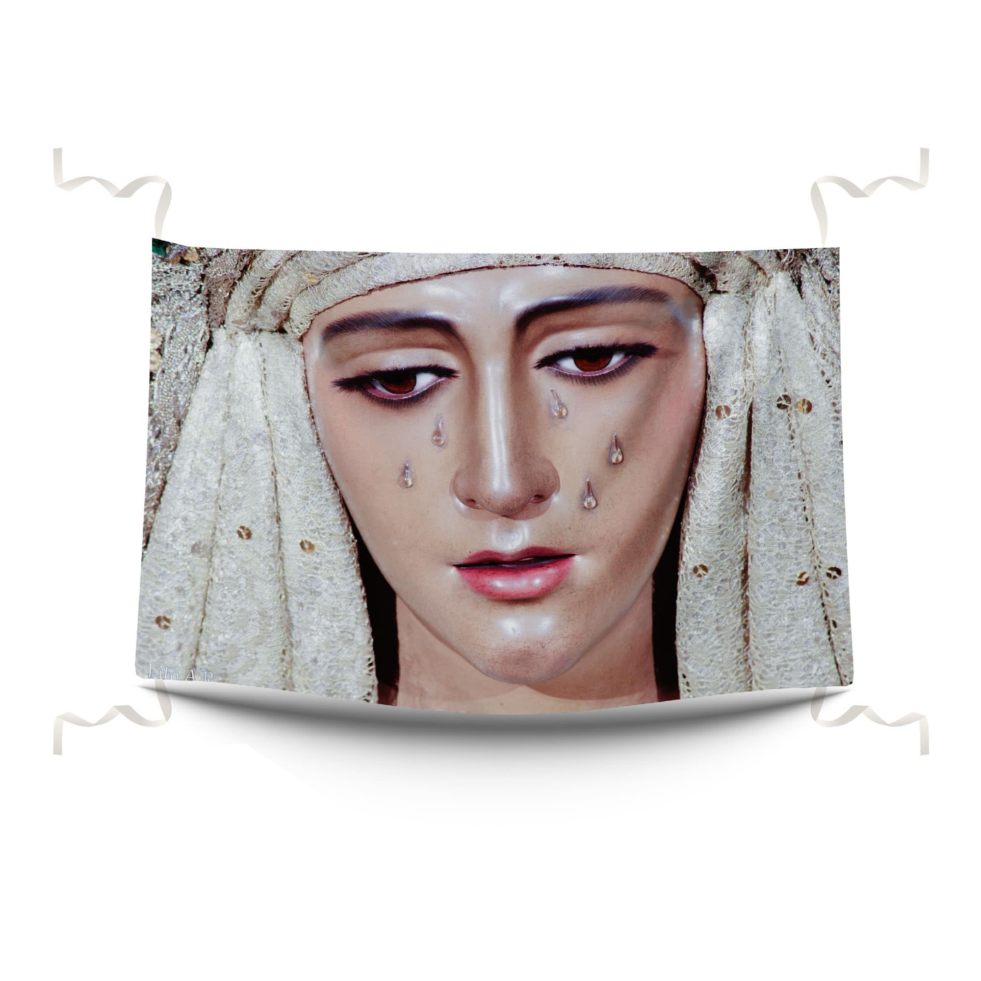 Pla Pla Pla Balconera Esperanza de Triana. Decoración religiosa de tela 100x70 cm. Balconera Triana decoración balcón. Tela impresa Virgen Esperanza de Triana.