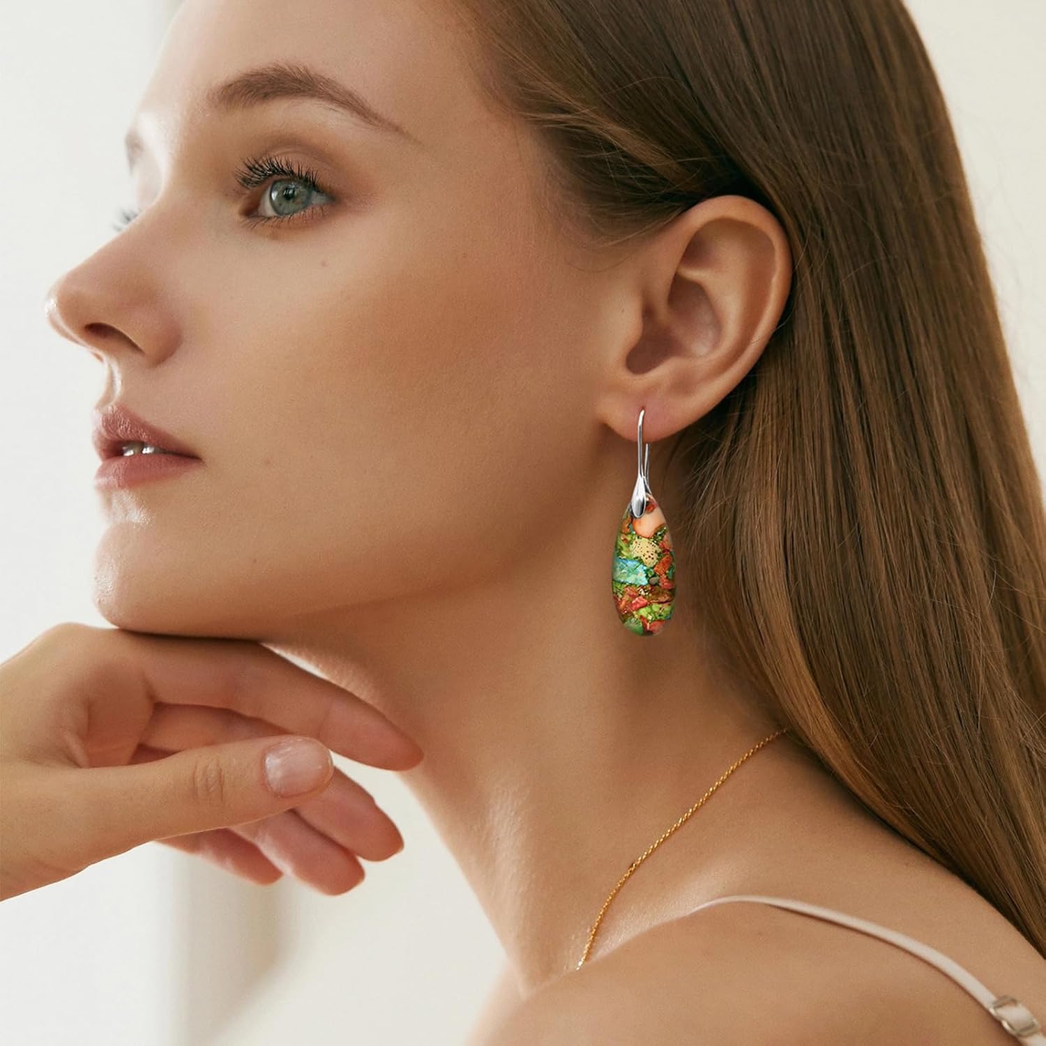 18K Gold Filled/Silver Natural Stone Dangle Drop Earrings, Colorful Gemstone Teardrop Statement Earrings for Women, Boho Fishhook Jewelry Gifts - Image 5