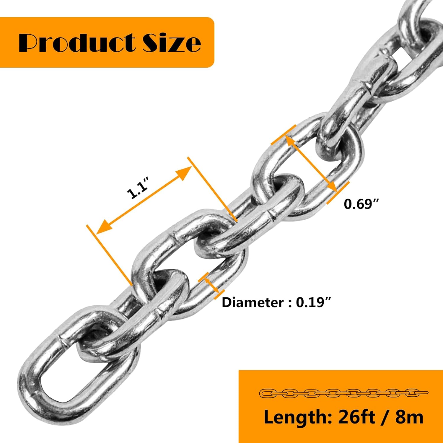 26 Feet x 3/16 Inch Heavy Duty Welded Metal Chain, Cast Steel Welded Chain for Garage Door Hanging, Towing, Swing, Clothesline, Guardrail, Camping, Anti-Theft, Max 300 Lbs Load Capacity