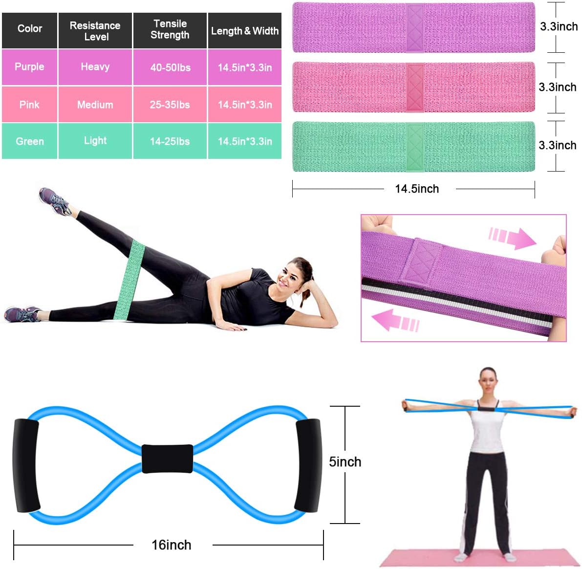 Kinfayv 6 PCS Booty Bands Set, Resistance Bands Set for Women/Men Legs and Butt, Upgrade Thicken Widen Non-Slip Workout Bands with Figure 8 Stretch Bands and Jump Rope for Squat Glute Hip Training