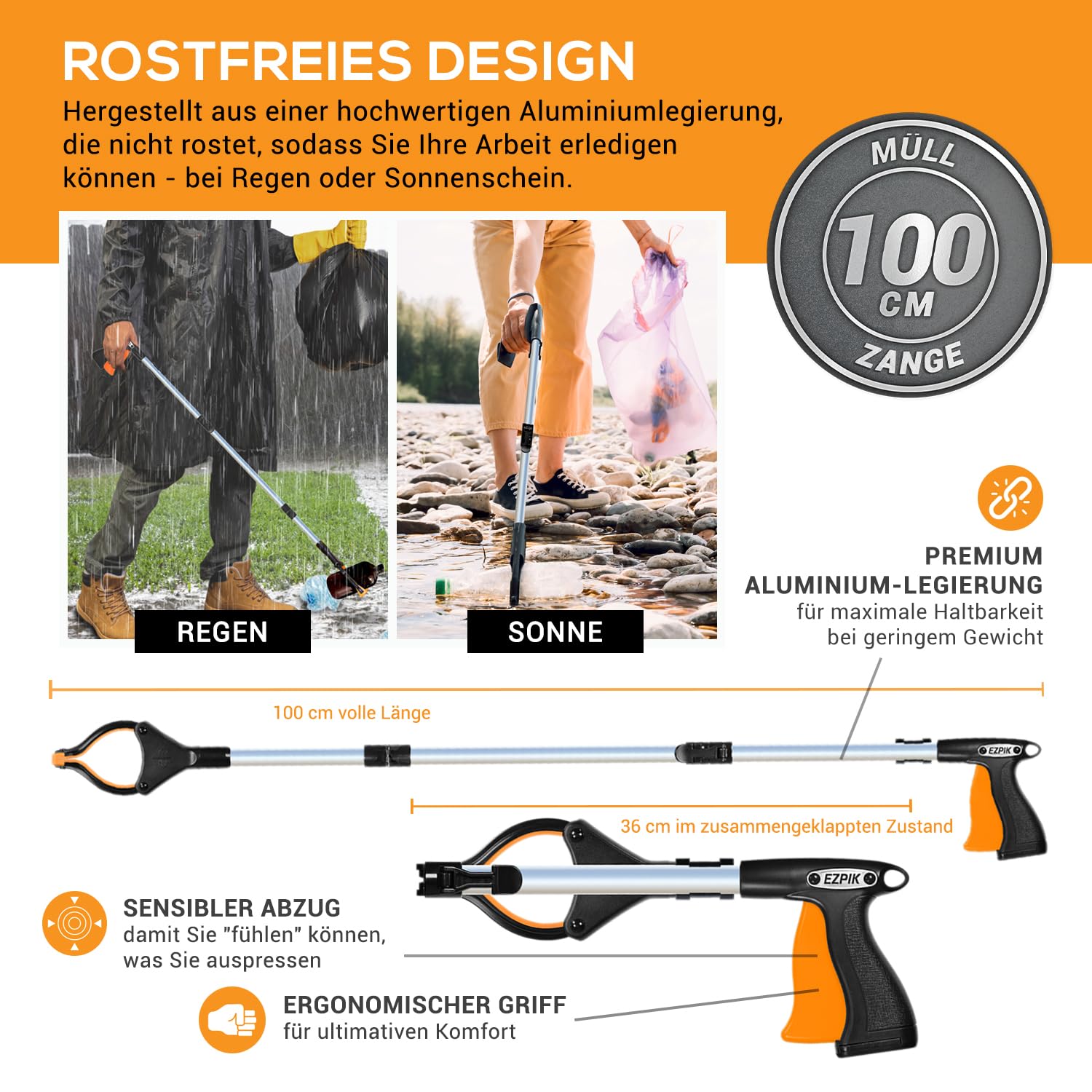 EZPIK 1 x 100 cm Greifer für Senioren mit Magnet-Greifarm, Robuste Greifzangen für Menschen mit Behinderungen, Drehbare Müllgreifer Zange, Gehilfe mit Befestigungsclip, 1er-Pack, Schwarz