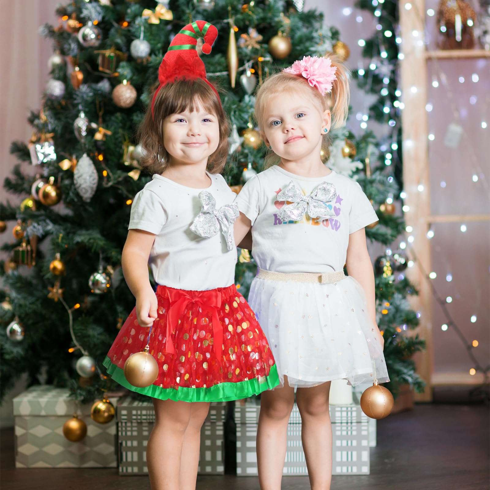 HONMOK 2 Piece Girls Elf Christmas Costume, Xmas Elf Outfit with Elf Hat Headband & Red Green Tutu Dress - Image 4