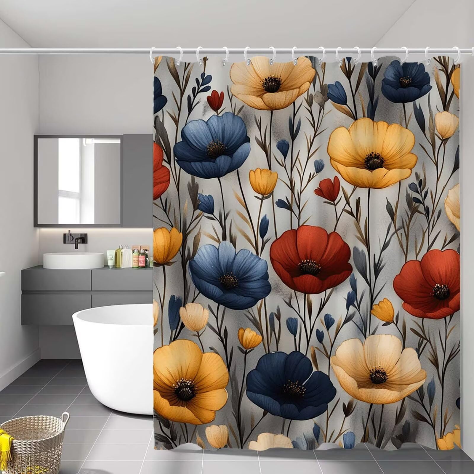 Rideau de douche 90x180 cm imperméable et anti-moisissure en polyester lavable fleur