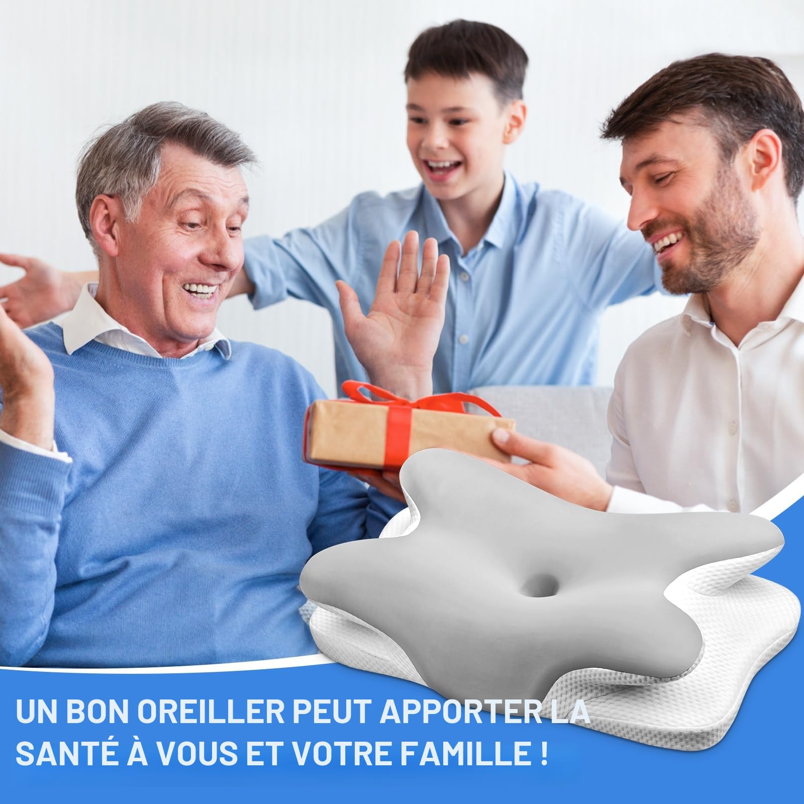 Ehomfory Oreiller Ergonomique Cervical, 2 en 1 Oreiller Memoire Forme pour la Nuque, pour Dormir sur Le côté, Le Dos et Le Ventre, Argent