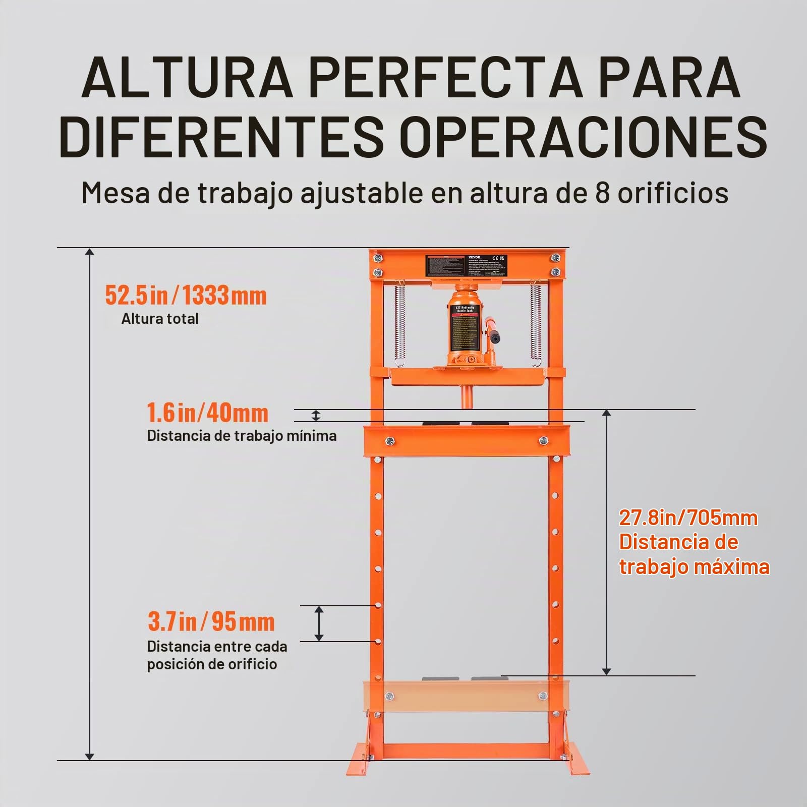 VEVOR Prensa Hidráulica para Taller Prensa Hidráulica para Garaje/Tienda con Marco en H de 12 T Prensa Ajustable para Taller con Placas de Prensado Prensa Hidráulica de Alta Resistencia para Garaje