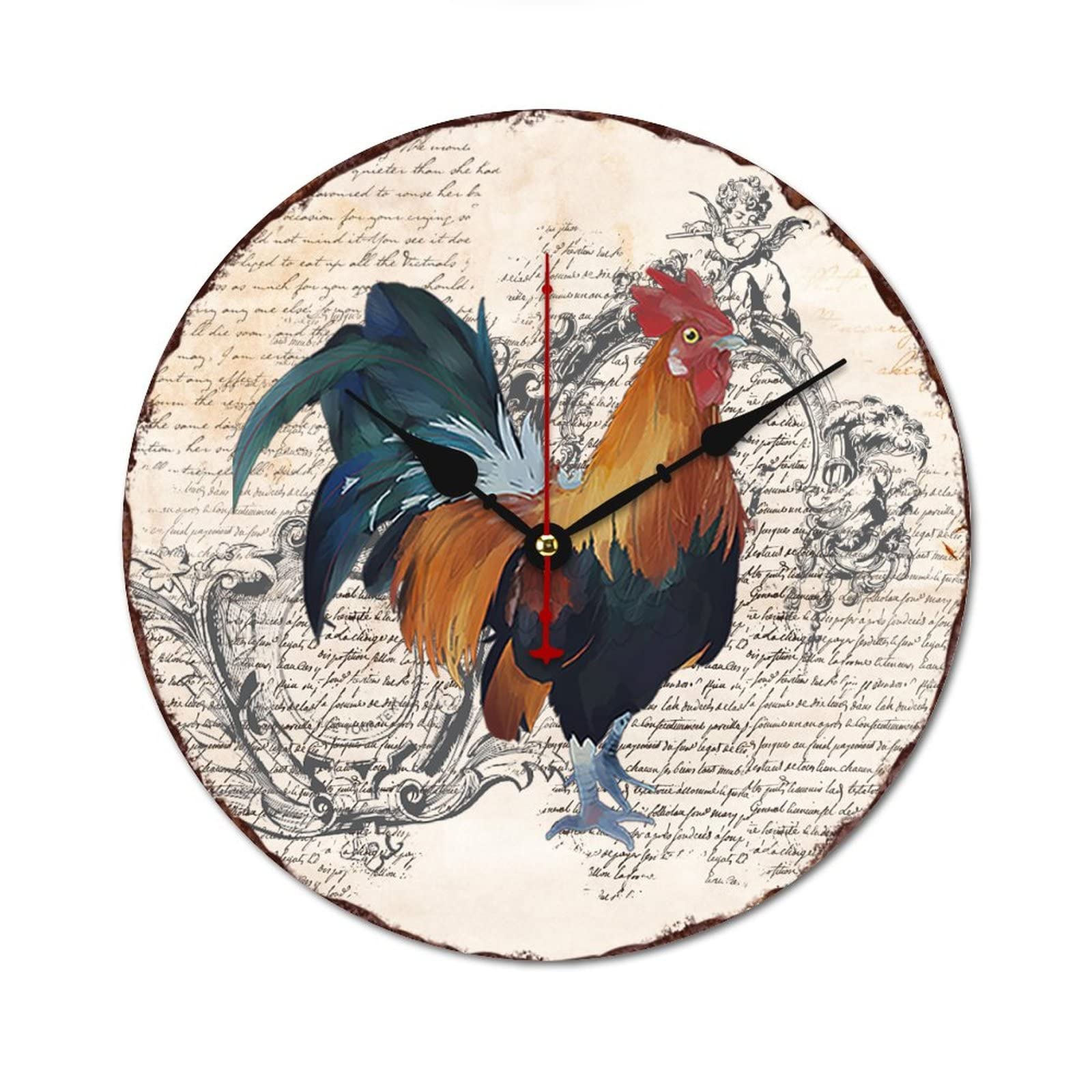 Horloge murale coq vintage en bois silencieuse 38 cm pour cuisine